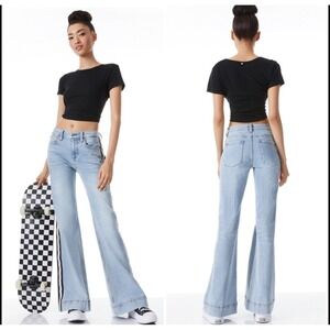 Alice + Olivia Rey Low Rise Wide Leg Jeans 26 Rockstar Blue Stripe
